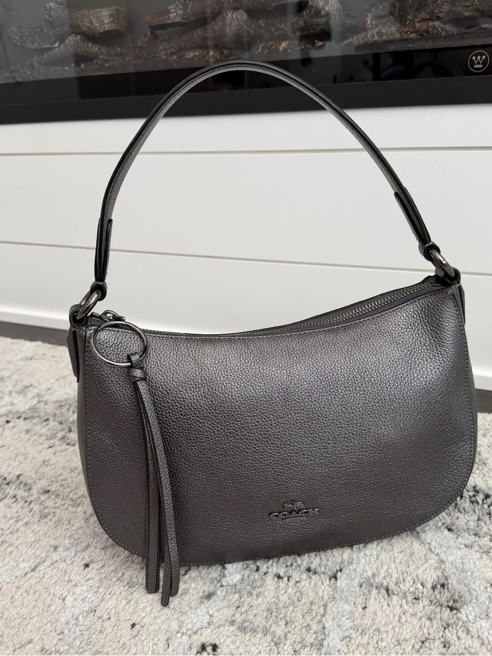Coach Y2K Sutton Metallic Gunmetal Gray Pebbled Leather Shoulder Bag